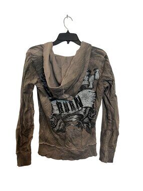 Vintage Y2K Crash & Burn Womens Small Supima Cotton Hoodie Brown Zip-Up With Emb